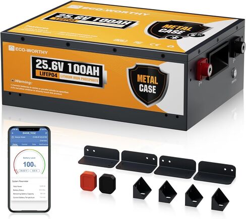 ECO-WORTHY 24V 100AH LiFePO4 Lithium Battery, Deep Cycles Rechargeable Battery with Low-Tem Protection, Max. 2560W for Off-Grid Solar System, 70-86LBS Trolling Motors, Camper, RV, Household (1 Pack) in Kuwait