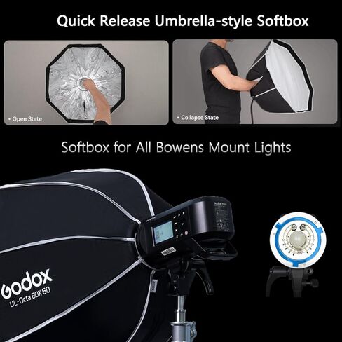 Godox UL-Octa 60cm Quick Release Octagonal Softbox, Foldable 24" Octabox Fast Setup, Universal Bowens Mount Soft Box with Diffusers/Honeycomb Grid for Portrait Photgraphy Studio Monolight Video Light in Saudi Arabia