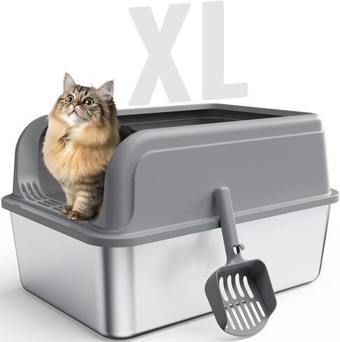 Powools Stainless Steel Cat Litter Box, High-Sided, Grey, M (1 Pack) in Saudi Arabia