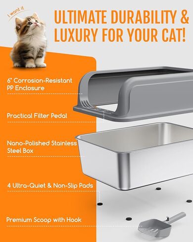 Powools Stainless Steel Cat Litter Box, High-Sided, Grey, M (1 Pack) in Saudi Arabia
