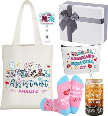 Mimorou 6 Pcs Medical Assistant Gift Set for Women Canvas Tote Bag Cosmetic Bag 16oz Glass Cup Pink Glitter Badge Reel Novelty Socks Unique Appreciation Gifts for Medical Assistants Week in Saudi Arabia