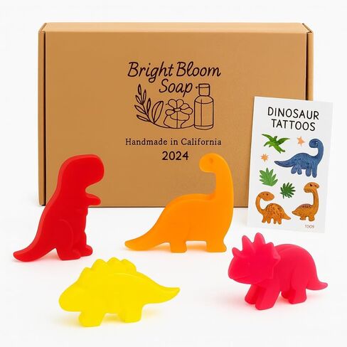 Kids Soap Bar (Set of 4) - Unique Natural Dinosaur Shaped Soaps for Children - Bonus Dino Tattoos, Gentle Bath Soap for Sensitive Skin - Fun Gift for Kids - Birthday, Bath Time - Handmade in USA in Saudi Arabia