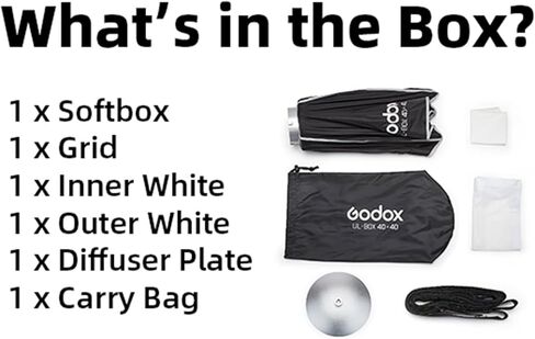Godox UL 40x40cm Softbox Quick Release, 16" Square Universal Bowens Mount Soft Box Fast Setup for Studio Monolight Photography, Streaming, Video Lights with Diffusers/Honeycomb Grip/Diffuser Plate in Saudi Arabia