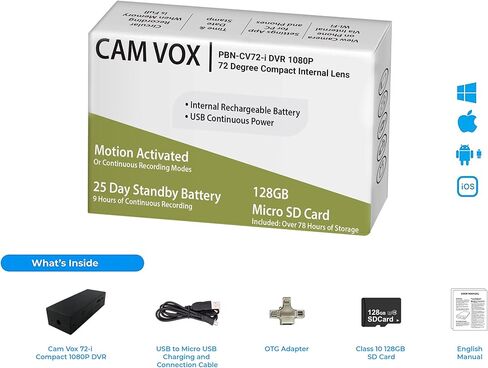 CAM VOX - كاميرا أمان محمولة بدقة 1080 بكسل مع عمر بطارية احتياطية يصل إلى 25 يومًا، وتنشيط الحركة، وبطاقة MicroSD سعة 128 جيجابايت، وعدسة داخلية بزاوية 72 درجة in Kuwait