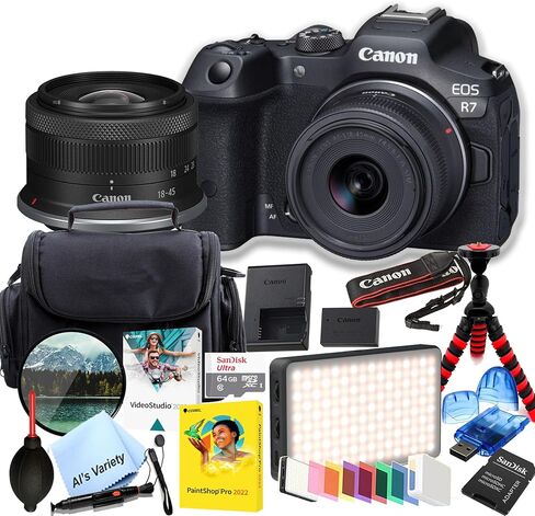 كاميرا Canon EOS R7 بدقة 32.5 ميجابكسل بمستشعر APS-C CMOS بدون مرآة مع عدسة مقاس 18-45 مم + ذاكرة سعة 64 جيجابايت وإضاءة فيديو LED وفلتر وحامل ثلاثي القوائم والمزيد (متجددة) in Kuwait