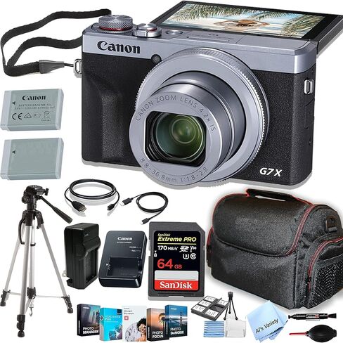 كاميرا Canon PowerShot G7 X Mark III (فضية) رقمية + ذاكرة سرعة فائقة 64 جيجابايت، حامل ثلاثي احترافي، حقيبة، بطاريات، والمزيد (حزمة 22 قطعة) (متجددة) in Kuwait