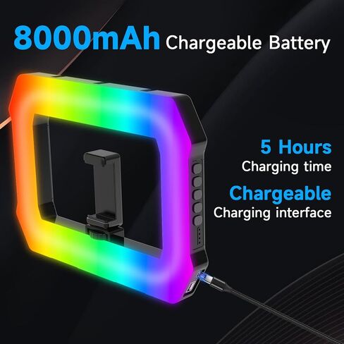 ضوء حلقة مربعة قابلة لإعادة الشحن، بطارية مدمجة 8000 مللي أمبير في الساعة، ضوء LED للهاتف الخلوي لصور 360 درجة، مثبت فيديو للهاتف لهاتف iPhone لتسجيل الفيديو، مدونة فيديو لمكياج الأفلام in Saudi Arabia