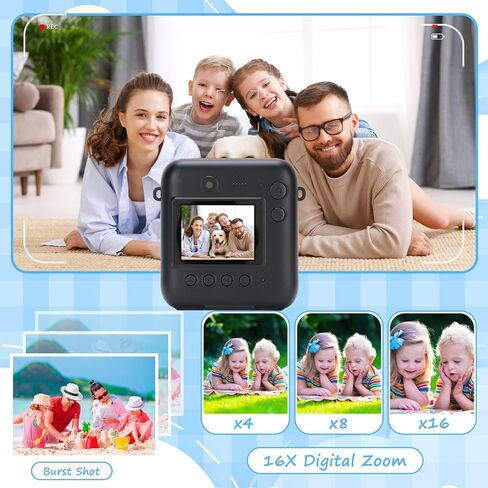 Yoidesu Kids Instant Print Camera, 48MP Digital Camera with 2.4 Inch Screen for Selfie Photography, with 16X Zoom and 25 Filters for Boys Girls Aged 3-12 in Kuwait