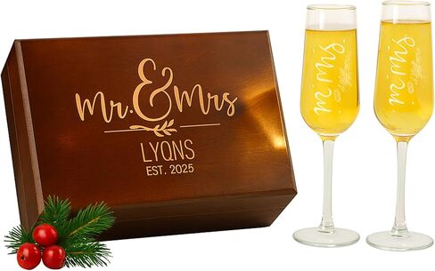 Personalized Champagne Glasses and Flutes with Custom Names and Date - Handmade Premium Quality Glasses with Engraved Wooden Gift Box - Wedding, Anniversary, Engagement & Bridal Shower Gift Set in Saudi Arabia