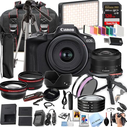 كاميرا Canon EOS R50 بدقة 24.2 ميجابكسل بمستشعر APS-C CMOS بدون مرآة مع عدسة 18-45 مم + ذاكرة فائقة سعة 128 جيجابايت، ضوء فيديو LED، عدسة زاوية واسعة، عدسة مقربة، طقم مرشح 3 قطع - حزمة احترافية 42 قطعة (متجددة) in Kuwait