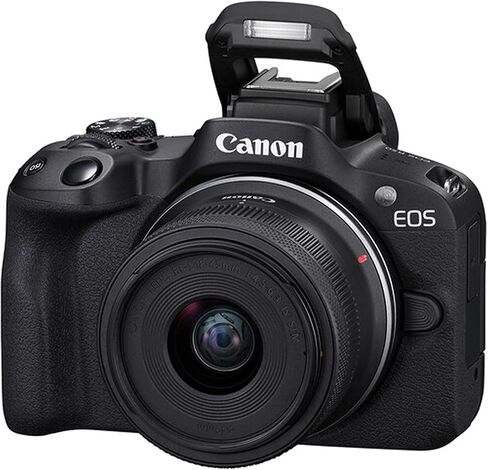 كاميرا Canon EOS R50 بدقة 24.2 ميجابكسل بمستشعر APS-C CMOS بدون مرآة مع عدسة 18-45 مم + ذاكرة فائقة سعة 128 جيجابايت، ضوء فيديو LED، عدسة زاوية واسعة، عدسة مقربة، طقم مرشح 3 قطع - حزمة احترافية 42 قطعة (متجددة) in Kuwait