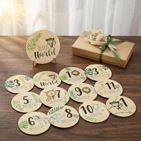 Wooden Monthly Milestone Markers Disc, 3D Birth Announcement Sign, Double Sided Animals Month Rounds Cards Hello World Photo Props7PCS in Saudi Arabia