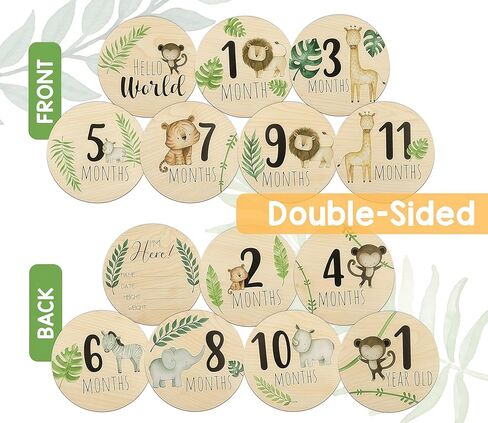 Wooden Monthly Milestone Markers Disc, 3D Birth Announcement Sign, Double Sided Animals Month Rounds Cards Hello World Photo Props7PCS in Saudi Arabia