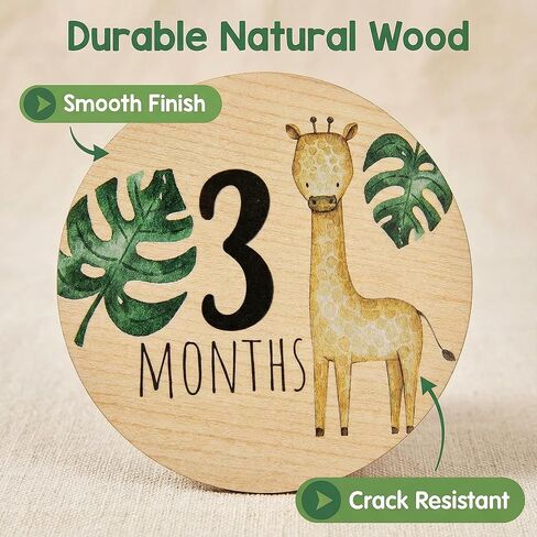 Wooden Monthly Milestone Markers Disc, 3D Birth Announcement Sign, Double Sided Animals Month Rounds Cards Hello World Photo Props7PCS in Saudi Arabia