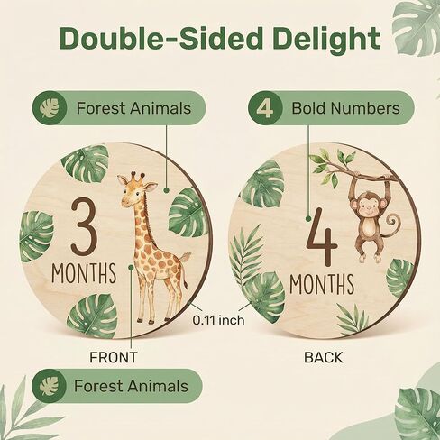 Wooden Monthly Milestone Markers Disc, 3D Birth Announcement Sign, Double Sided Animals Month Rounds Cards Hello World Photo Props7PCS in Saudi Arabia