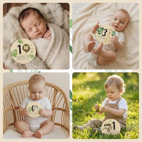 Wooden Monthly Milestone Markers Disc, 3D Birth Announcement Sign, Double Sided Animals Month Rounds Cards Hello World Photo Props7PCS in Saudi Arabia