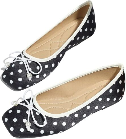 MakeMeChic Women's Bow Knot Polka Dots Flat Shoes Beaded Closed Toe PU Leather Fall Flats in Saudi Arabia