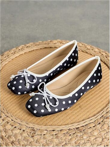 MakeMeChic Women's Bow Knot Polka Dots Flat Shoes Beaded Closed Toe PU Leather Fall Flats in Saudi Arabia