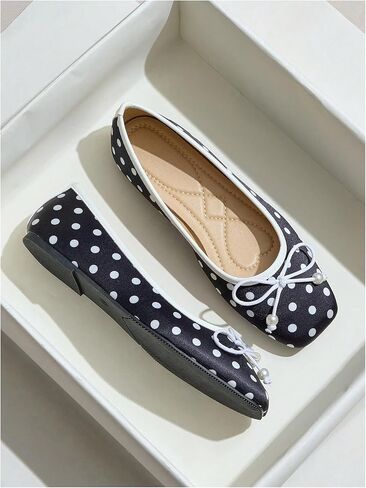 MakeMeChic Women's Bow Knot Polka Dots Flat Shoes Beaded Closed Toe PU Leather Fall Flats in Saudi Arabia