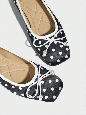 MakeMeChic Women's Bow Knot Polka Dots Flat Shoes Beaded Closed Toe PU Leather Fall Flats in Saudi Arabia