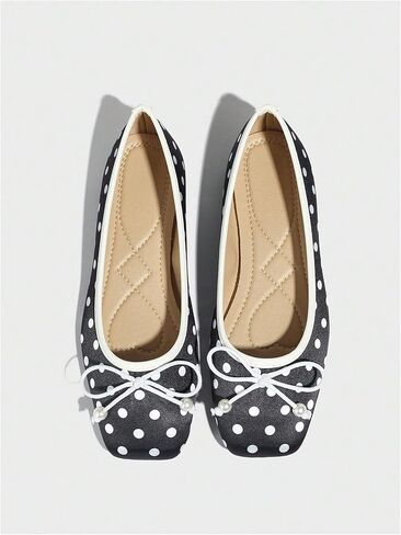 MakeMeChic Women's Bow Knot Polka Dots Flat Shoes Beaded Closed Toe PU Leather Fall Flats in Saudi Arabia