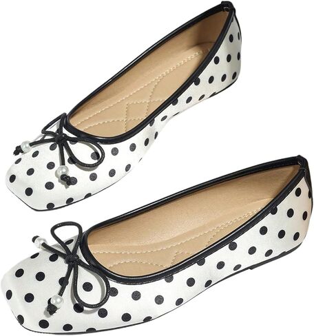 MakeMeChic Women's Bow Knot Polka Dots Flat Shoes Beaded Closed Toe PU Leather Fall Flats in Saudi Arabia