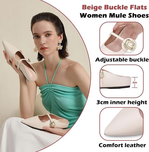 Women’s Pointed Toe Flats Sandals Slides Shoes with Strap Buckle in Saudi Arabia