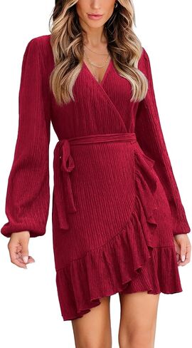CUPSHE Womens Ruched Fall Dresses V Neck Long Sleeve Belted Ruffled Casual Bodycon Flowy Party Elegant Mini Cocktail Dress in Saudi Arabia