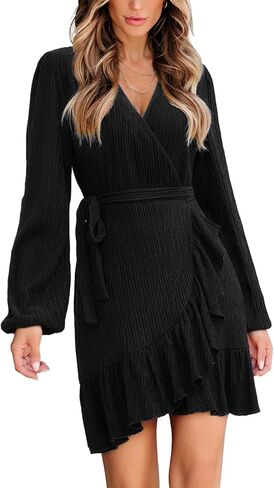 CUPSHE Womens Ruched Fall Dresses V Neck Long Sleeve Belted Ruffled Casual Bodycon Flowy Party Elegant Mini Cocktail Dress in Saudi Arabia