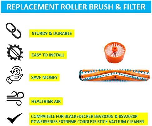 OYSTERBOY Generic Washable HEPA Filter and Roller Brush Compatible with Black+Decker BSV2020G BSV2020P Powerseries Extreme Cordless Stick Vacuum Cleaner in Kuwait