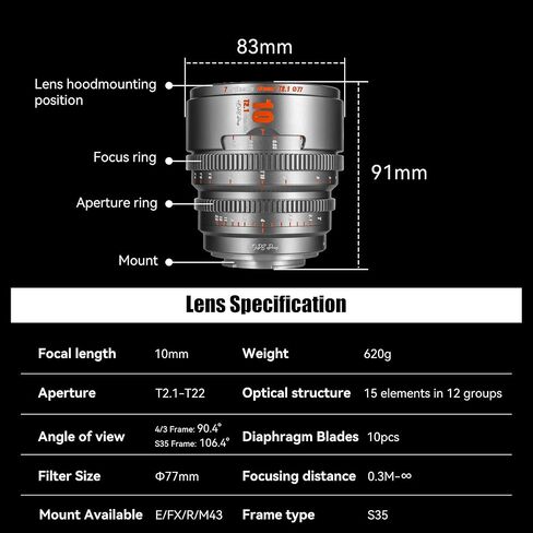 7artisans 10mm T2.1 Cine Lens S35 Frame Compatible for Sony E-Mount(C Frame),for Sony A6500/A6600/A6700/FX30/ZVE-10(Titanium Gray) in Saudi Arabia
