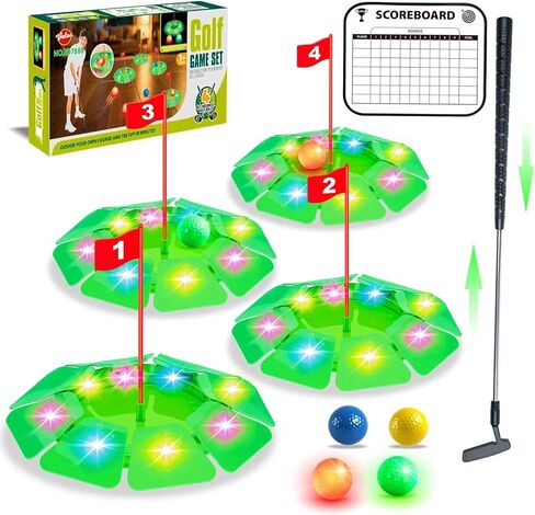 VATOS Light up Golf Putting Game Set - Glow Mini Golf Toy with 4 LED Holes, 4 Balls(2 Glow), Extendable Putter,Build Your Own Course at Home Indoor Outdoor Family Fun Golf Gifts for Kids Adults Golfer in Saudi Arabia