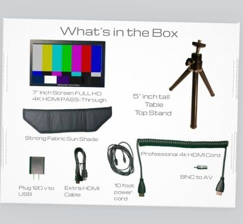 شاشة إنتاج أفلام LCD مقاس 7 بوصات مع ممر HDMI 4K، ودقة 1280 × 600، وحامل طاولة، ومظلة شمس، وكابلات احترافية 4K، أسود، معدني. لا صوت in Kuwait