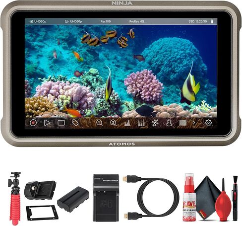 شاشة تسجيل اتوموس نينجا 5.2 بوصة 4K HDMI | شاشة لمس HDR 10 بت مع تسجيل ProRes وDNx، ودعم SSD، وتشغيل في الوقت الحقيقي (ATOMNJA004) + بطارية NPF-550 + حامل ثلاثي مرن + المزيد in Saudi Arabia
