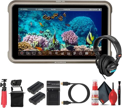 شاشة تسجيل اتوموس نينجا 5.2 بوصة 4K HDMI | شاشة لمس HDR 10 بت مع تسجيل ProRes وDNx ودعم SSD (ATOMNJA004) + سماعات رأس Pro + 2 بطارية NPF-550 + حامل ثلاثي مرن + المزيد in Saudi Arabia