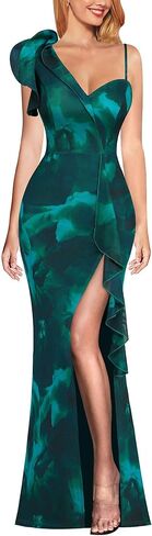 VFSHOW Womens Formal Prom Elegant Ruffle One Shoulder Beaded Strap Ruched Slit Maxi Dress Wedding Evening Long Gown in Saudi Arabia
