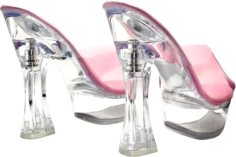 صندل نسائي ذو نعل سميك، جزء علوي وردي حائز على براءة اختراع مع كعب شفاف، حذاء صيفي سهل الارتداء للحفلات مقاس 5.5 بوصة in Kuwait