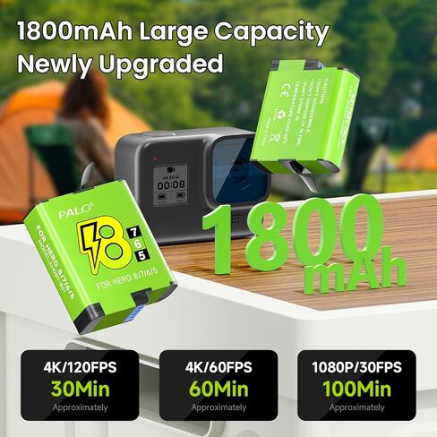 مجموعة شاحن بطارية Hero 8 مع 1800 مللي أمبير في الساعة عبوتان من بطاريات Hero 6 Enduro USB-C 3 فتحات لشاحن Hero 8 Black، Hero 7 Black، Hero 6 Black، Hero 5 Black، Hero 2018 Battery in Kuwait
