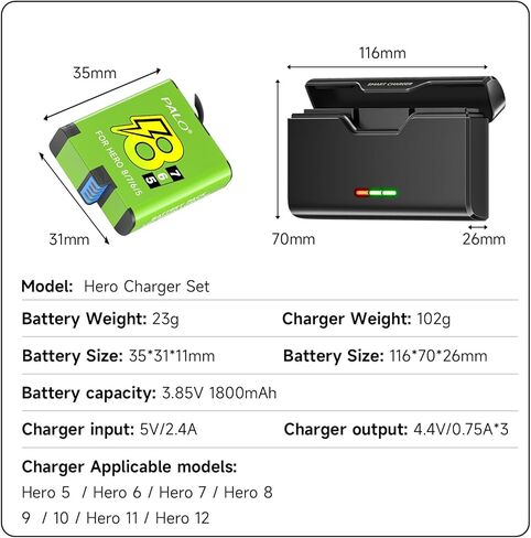 مجموعة شاحن بطارية Hero 8 مع 1800 مللي أمبير في الساعة عبوتان من بطاريات Hero 6 Enduro USB-C 3 فتحات لشاحن Hero 8 Black، Hero 7 Black، Hero 6 Black، Hero 5 Black، Hero 2018 Battery in Kuwait