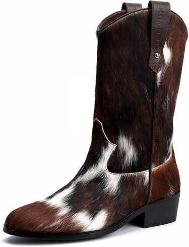 أحذية رعاة البقر الغربية للنساء من XOBZJH - أحذية راعية البقر طويلة من جلد البقر الأصلي ثلاثي الألوان، أحذية طويلة بنية غربية لمنتصف الساق للنساء، أزياء المهرجانات والخريف in Kuwait