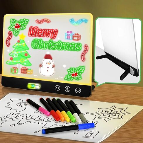 LED Magnetic Note Board with Colors, 11.8"X15.7" 4 Modes & 7 Colors Acrylic Dry Erase Board with Light, Include Hanging Chain, Led Drawing Board for Kids with Stand, Soft Cloth, 8 Markers in Kuwait