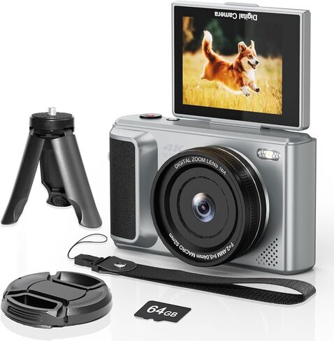 كاميرا رقمية 4K مع شاشة قلاب 2.8 بوصة 180 درجة، كامارا فوتوغرافيكا، تصميم سهل الحمل، بطاقة 64 جيجابايت للسفر، تكبير 16X، بطارية مدمجة 1500 مللي أمبير في الساعة للتسجيل لمدة ساعتين، Y1 in Kuwait