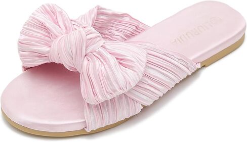 LIURUIJIA Women's Pleated Bow Slide Sandals - Cute Satin Knotted Flat Mules for Bridal Wedding, Summer Beach & Dressy Casual - Memory Foam in Kuwait