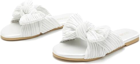 LIURUIJIA Women's Pleated Bow Slide Sandals - Cute Satin Knotted Flat Mules for Bridal Wedding, Summer Beach & Dressy Casual - Memory Foam in Saudi Arabia