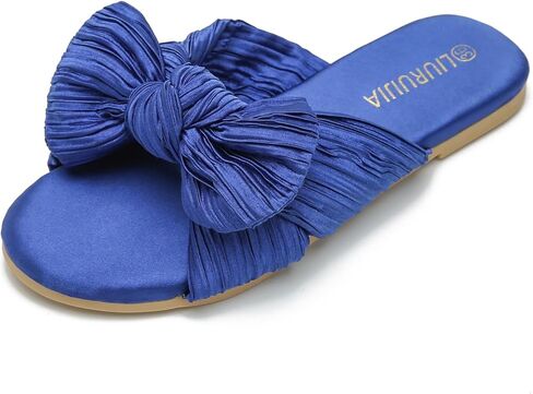 LIURUIJIA Women's Pleated Bow Slide Sandals - Cute Satin Knotted Flat Mules for Bridal Wedding, Summer Beach & Dressy Casual - Memory Foam in Saudi Arabia