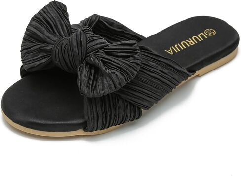 LIURUIJIA Women's Pleated Bow Slide Sandals - Cute Satin Knotted Flat Mules for Bridal Wedding, Summer Beach & Dressy Casual - Memory Foam in Saudi Arabia