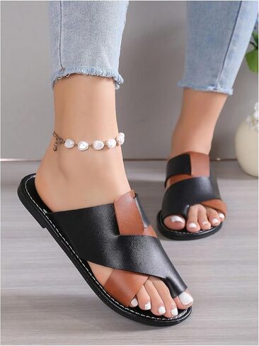 Women's Color Block Open Toe Ring Flats Criss Cross Two Tone Slide Sandals in Saudi Arabia