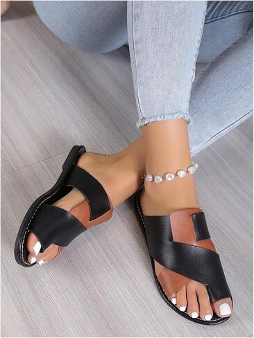 Women's Color Block Open Toe Ring Flats Criss Cross Two Tone Slide Sandals in Saudi Arabia