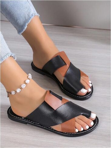 Women's Color Block Open Toe Ring Flats Criss Cross Two Tone Slide Sandals in Saudi Arabia