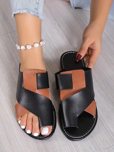 Women's Color Block Open Toe Ring Flats Criss Cross Two Tone Slide Sandals in Saudi Arabia